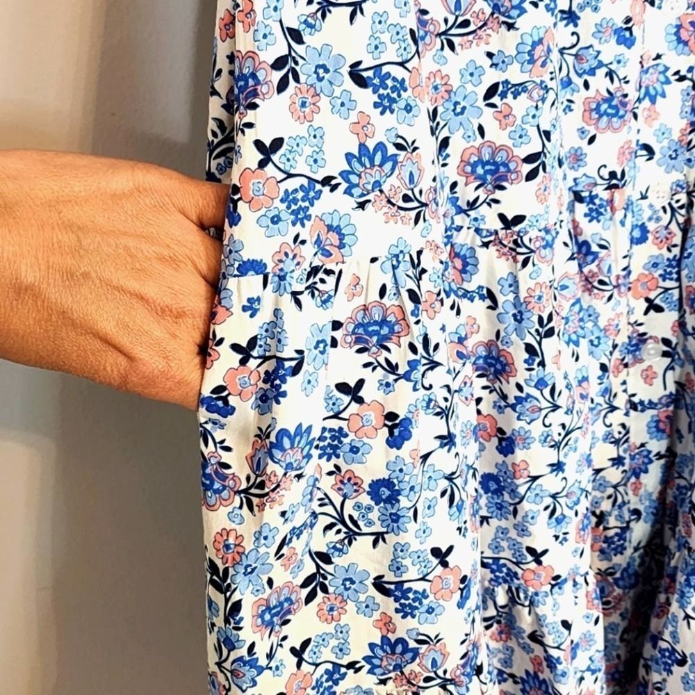 NWT Eliza J Floral Button Front Tiered Puff Sleeve 100% Cotton Shirt Dress SZ 0 - Picture 6 of 10